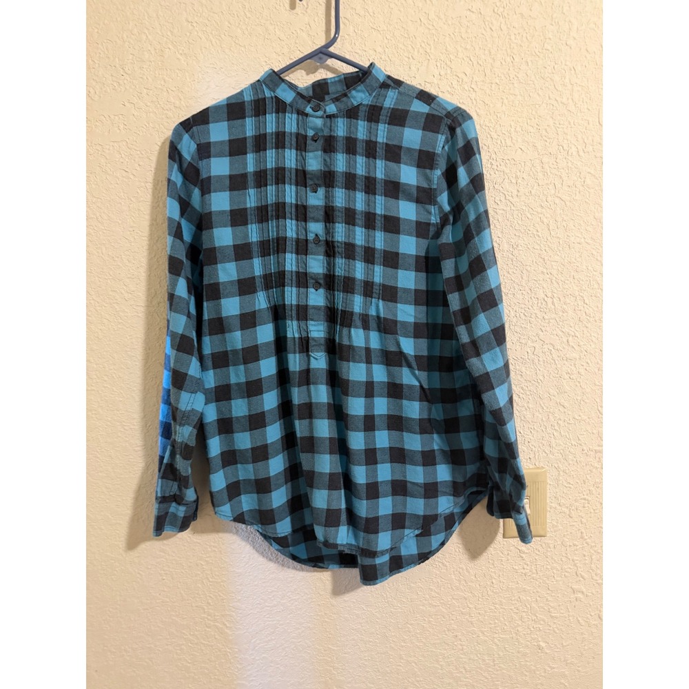 Lands End Blue Black Buffalo Check‎ Flannel Mandarin Collar Pintuck Tunic Top